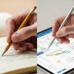 施工管理の効率化を比較：アナログな紙とペンでのメモ書きと、最新の施工管理システム・タブレットによるデジタル入力を対比するイメージ