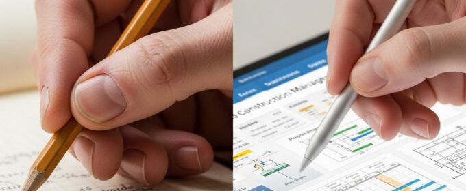 施工管理の効率化を比較：アナログな紙とペンでのメモ書きと、最新の施工管理システム・タブレットによるデジタル入力を対比するイメージ